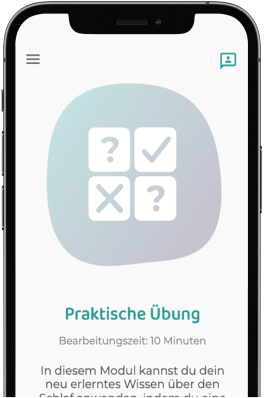 Smartphone Bildschirm zeigt einen Einblick in die somnio-App mit praktischen Übungen zur Schlafverbesserung.